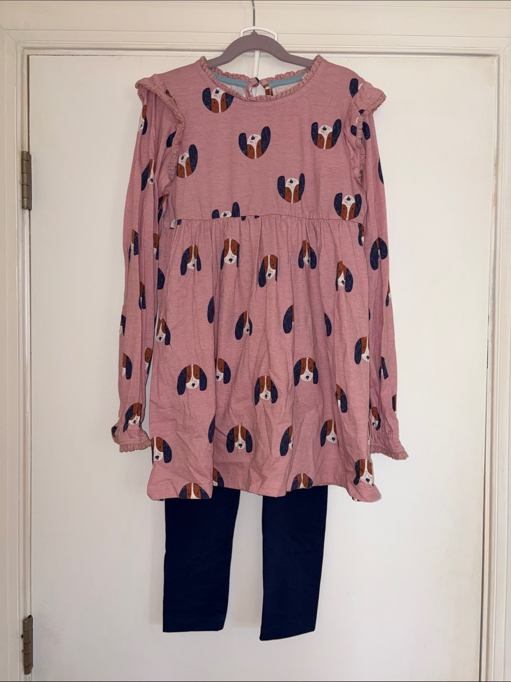 Mini Boden dog tunic dress navy blue leggings, girls 11 12